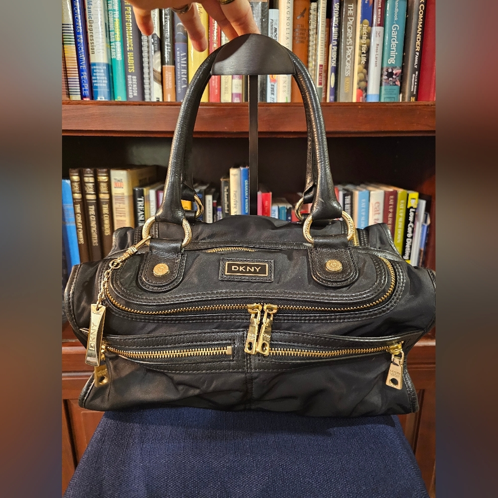 DKNY Black Nylon Leather Trim Satchel with Gold Accents - Picture 2 of 16